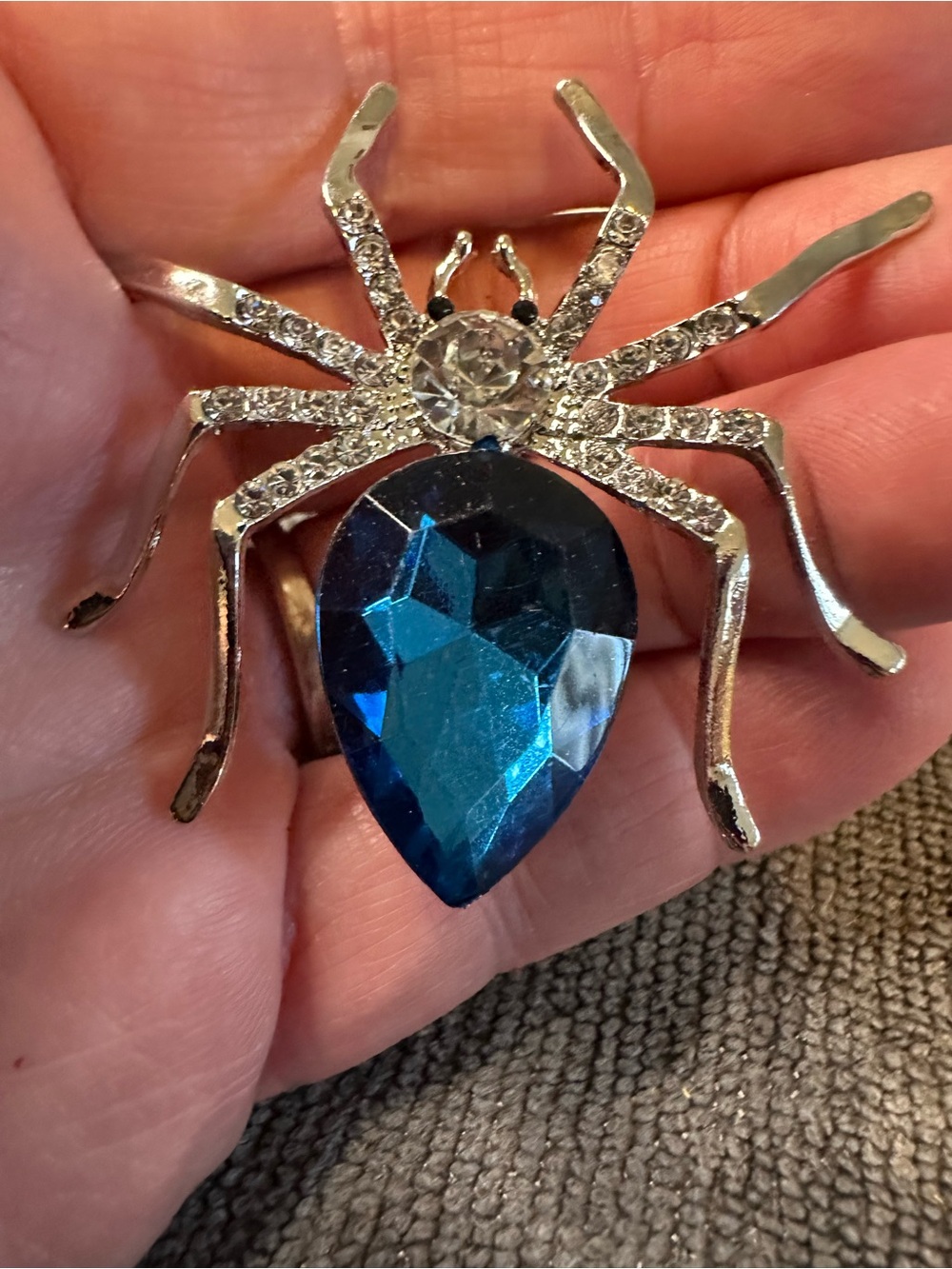 Silver Spider Brooch with Deep Blue Teardrop Crystal - Women's Jewelry